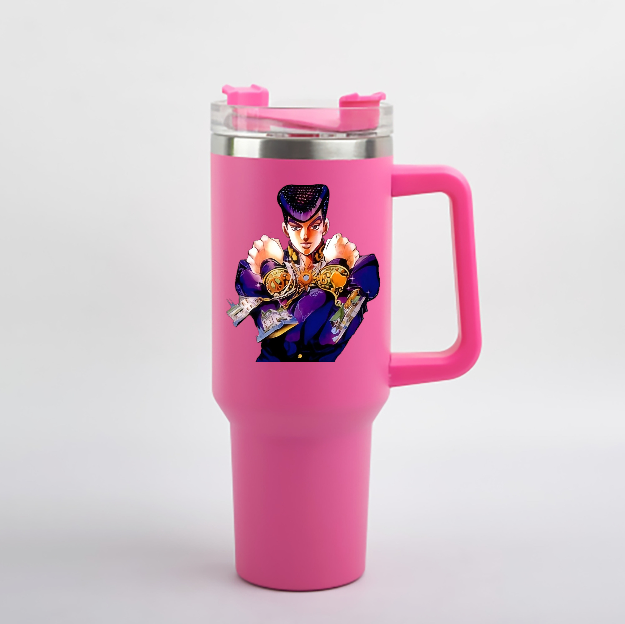 （画像用） ジョジョの奇妙な冒険 ひがしかた じょうすけ JoJo's Bizarre Adventure Higashikata Josuke 1200mL車用タンブラー - クリスタルステッカー（プラスチックストロー付き）